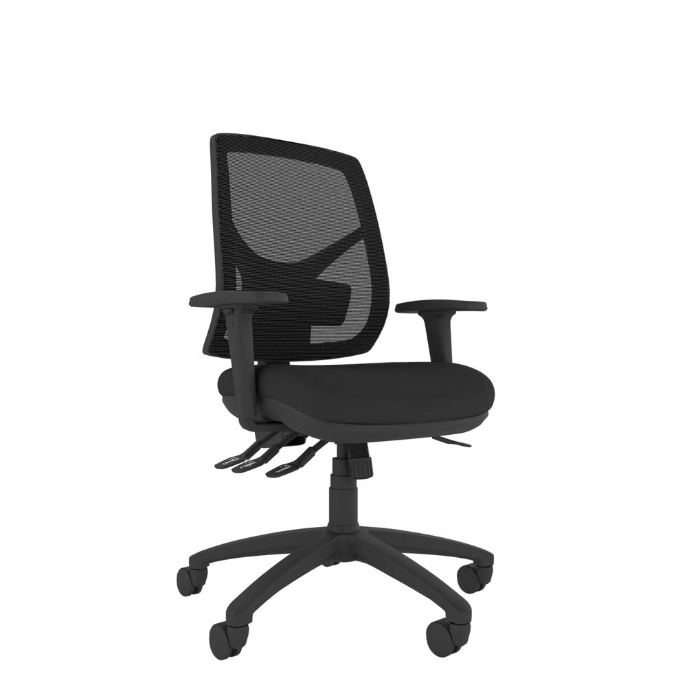 Ergonomic task chair featuring a curved backrest for natural spinal alignment and adjustable arms. Black mesh back and upholstered seat pad.