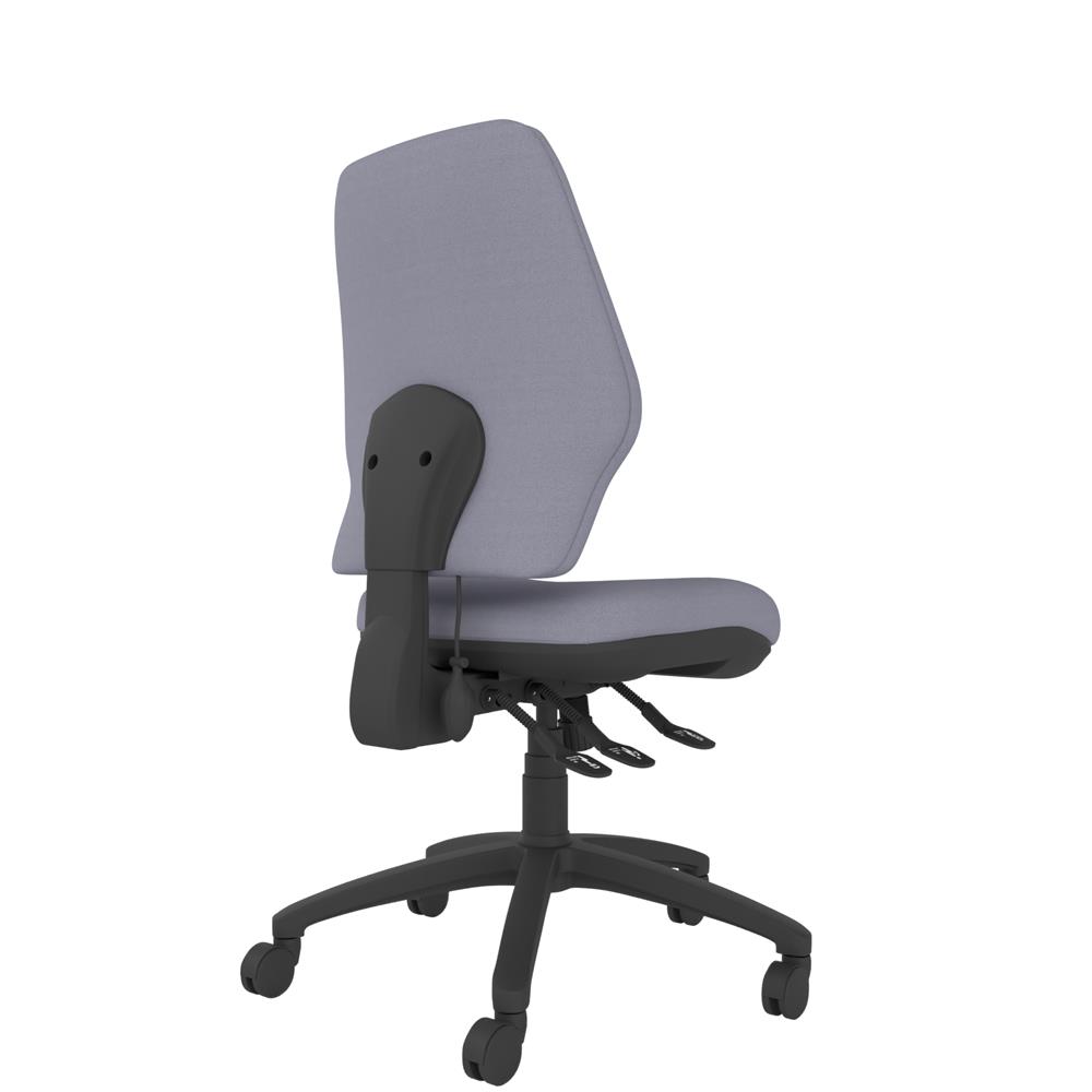 High back ergonomic chair with adjustable features and supportive cushioning, designed for comfort during long working hours.