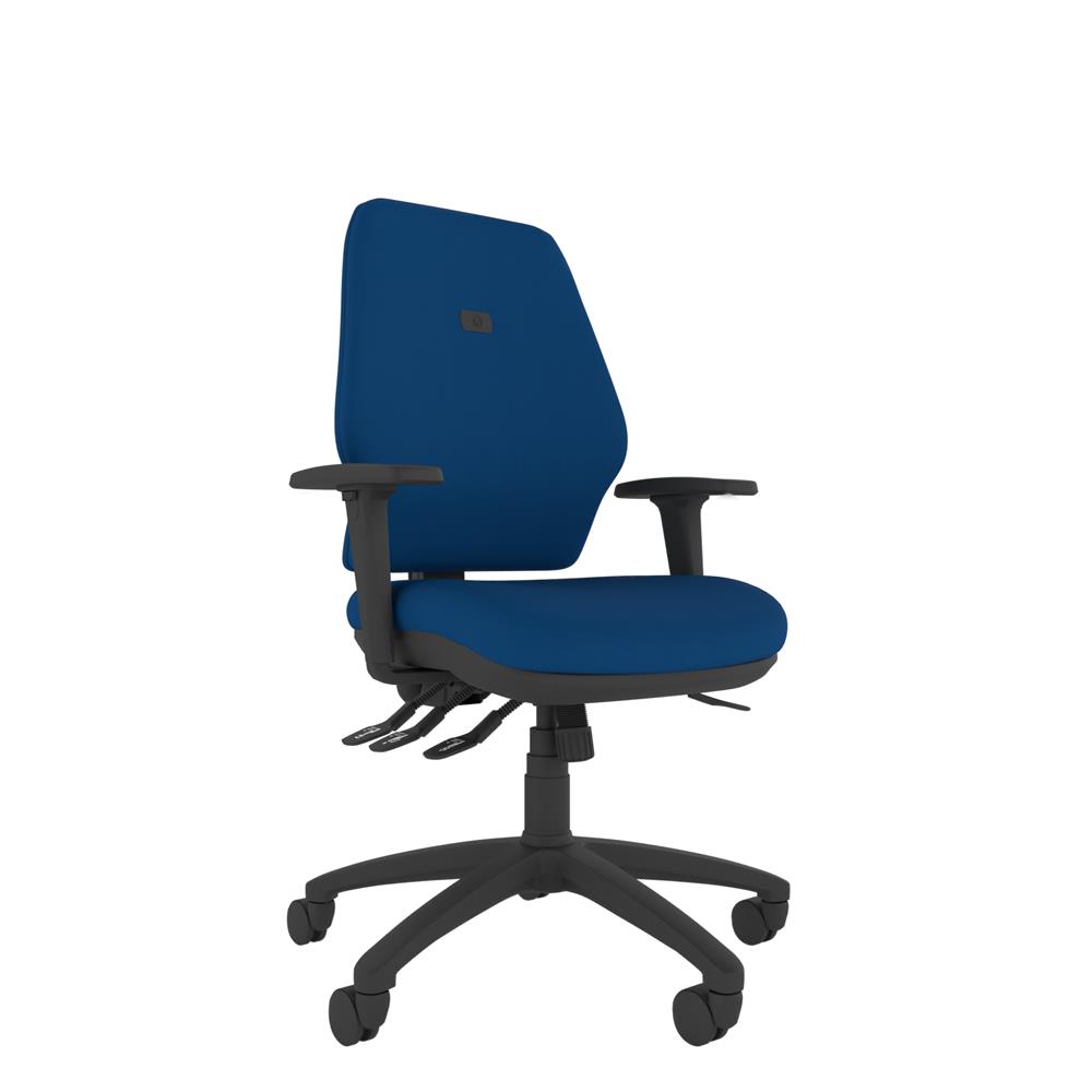 High back ergonomic chair combines moulded foam cushioning with adjustable controls to reduce fatigue and improve sitting posture. With adjustable arms, 5 star swivel base.