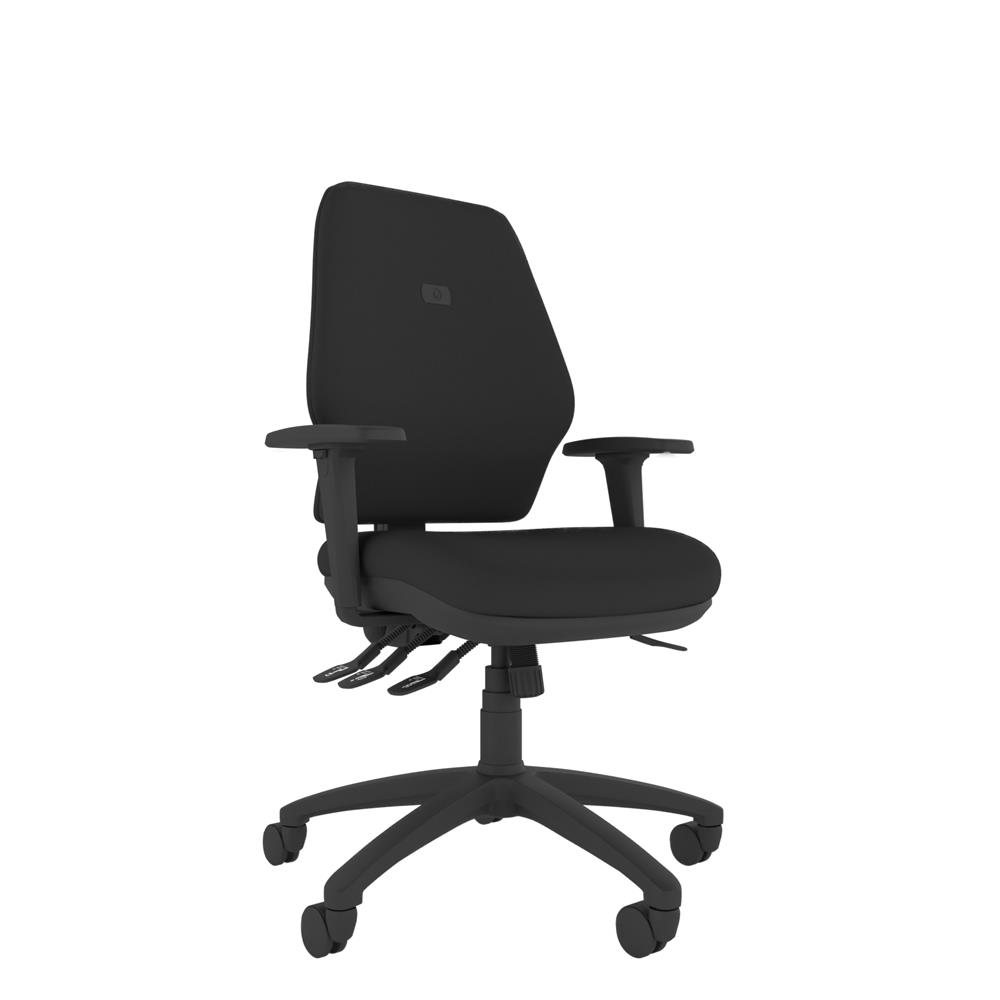A sleek black ergonomic chair with a high back, the Me Lite offers adjustable support and cushioned comfort for long hours at the desk. Chair with arms, 3 lever mechanism and 5 star castor base.
