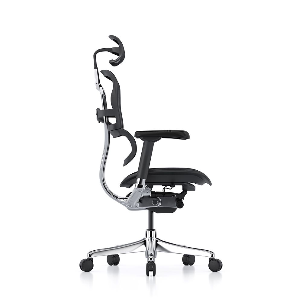 Side view of the premium Ergohuman elite G2 Chair. Featuring a mesh back, seat, headrest, and adjustable arms, lumbar support, seat slide and 5 star swivel base.