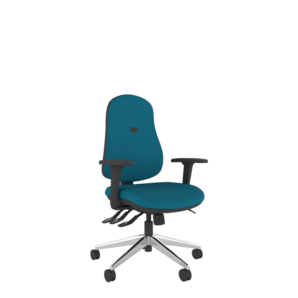 Blue Chair - Tail Coccyx Support ergonomic office chair with coccyx cut-out for pressure relief. Chrome polished base and adjustable arms.
