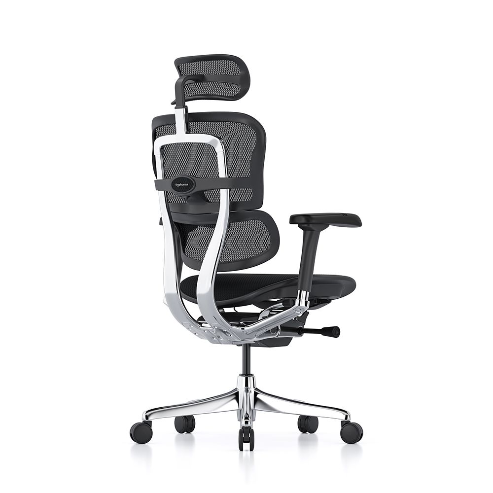 Side view of the Ergohuman Elite G2 Mesh Office Chair with polished base, frame, black adjustable arms and headrest.