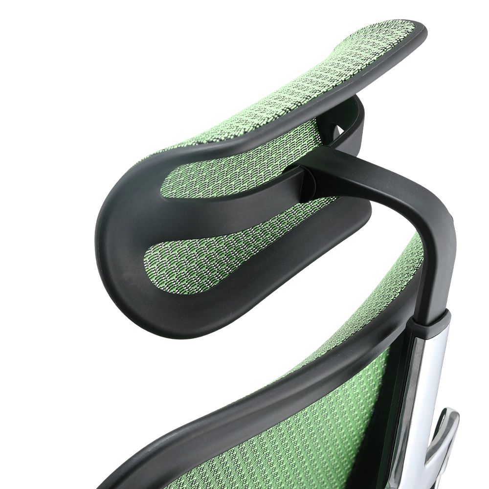 Detail of adjustable headrest on a Ergohuman Elite G2 ergonomic office chair with mesh back
