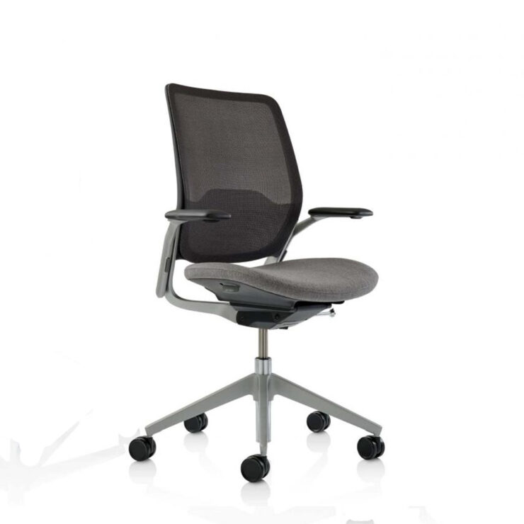 Orangebox Eva chair highlighting synchronous weight-balancing mechanism, height & depth adjustments, and stylish base. With arms and 5 star castor base.