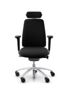 Modern Flokk RH Logic 200 ergonomic task chair showing sculptured waterfall seat and medium back support. Black chair with neck support.