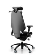 Ergonomic office chair with headrest and adjustable arms, offering tapered back support and ventilated upholstery.
