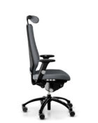 High-back ergonomic office chair with adjustable armrests, waterfall seat edge, neck rest, and lumbar support.