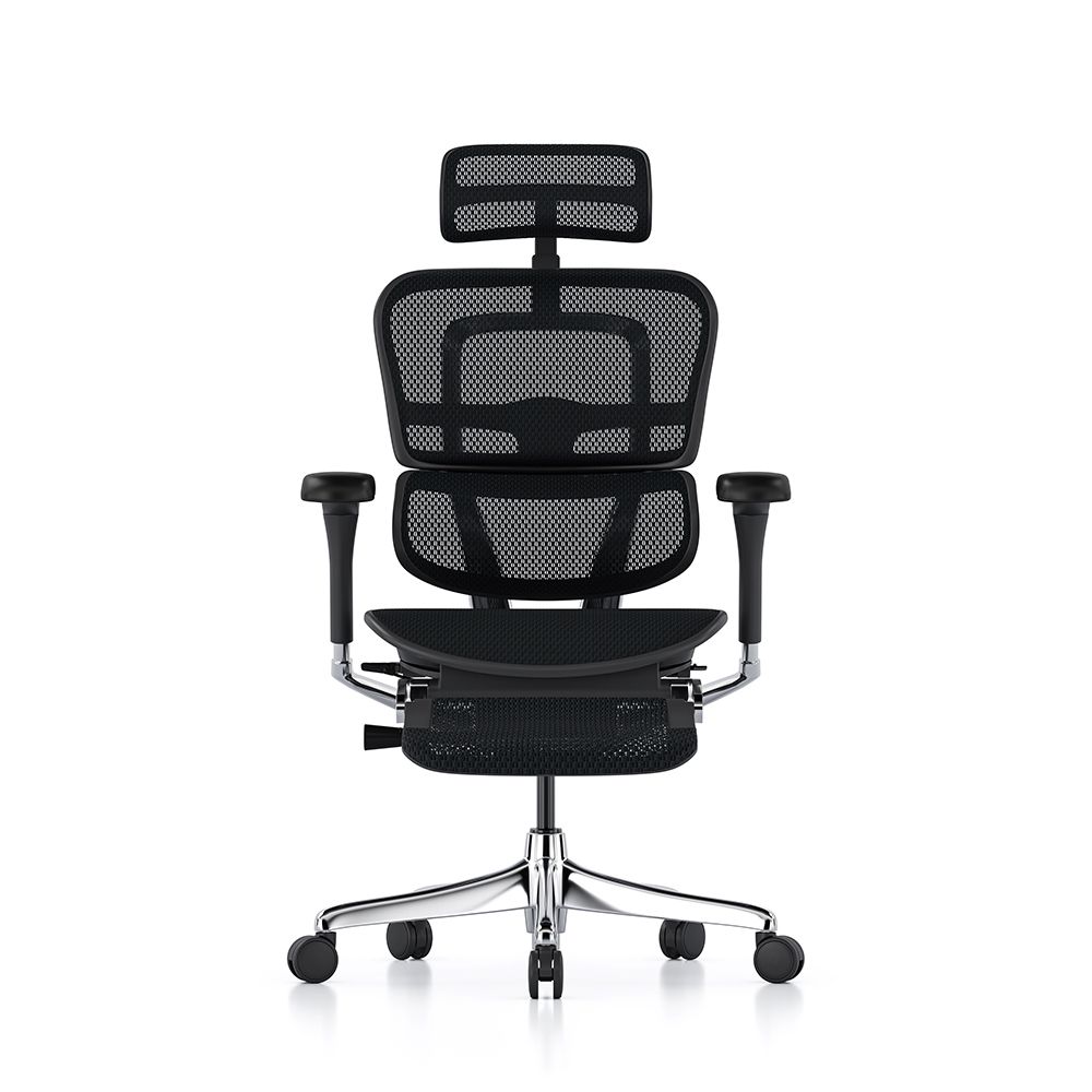 Ergohuman elite G2 Mesh back chair with headrest. Shown in black with a polished chrome base. Adjustable arms seat slide included,