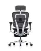 Rear angle of Ergohuman Elite G2 office chair with optional headrest, high mesh back, adjustable arms and optional foot rest.