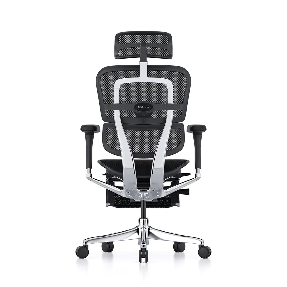 Rear angle of Ergohuman Elite G2 office chair with optional headrest, high mesh back, adjustable arms and optional foot rest.