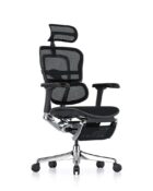 Ergohuman Elite G2 single lever control for height, depth, and tilt. Image shows optional headrest, leg rest, mesh back, and adjustable arms,