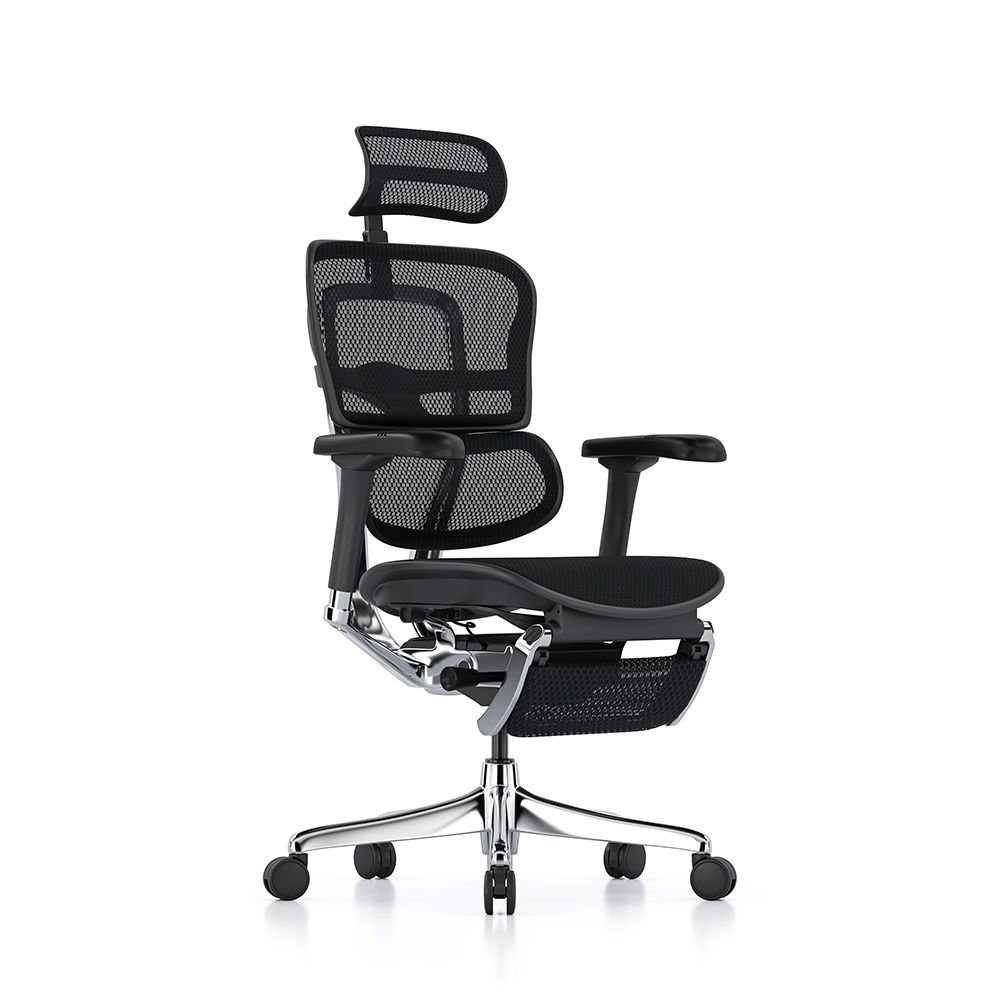 Ergohuman Elite G2 single lever control for height, depth, and tilt. Image shows optional headrest, leg rest, mesh back, and adjustable arms,