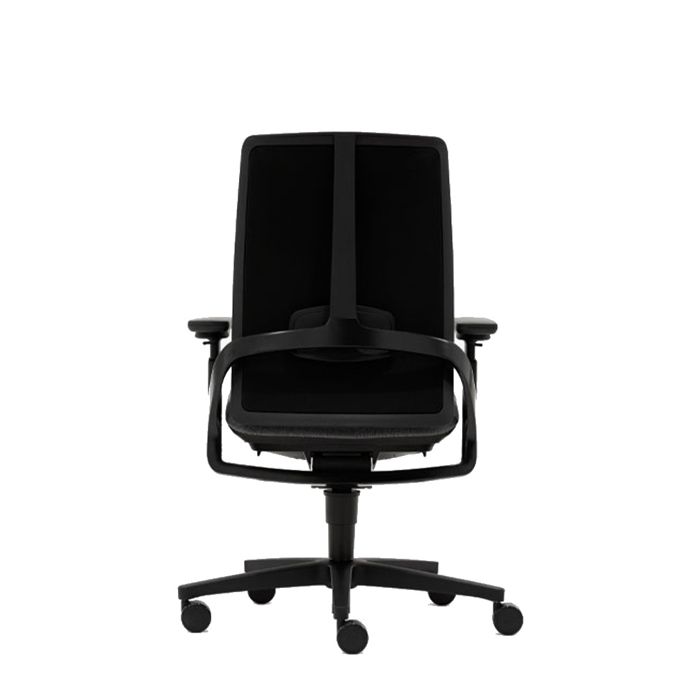 Close-up of the back of the Senator i-Workchair 2.0 knit back and frame detail with adjustable arms and castor base.
