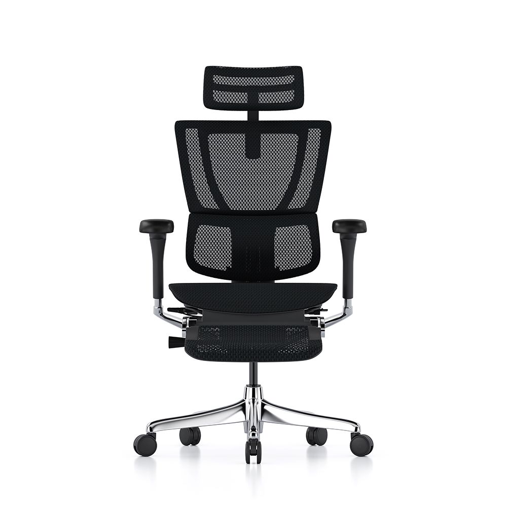 Front view of Mirus Elite G2 ergonomic office chair with adjustable armrests and optional head and leg rest. Mesh back, seat pad and chrome 5-star base.