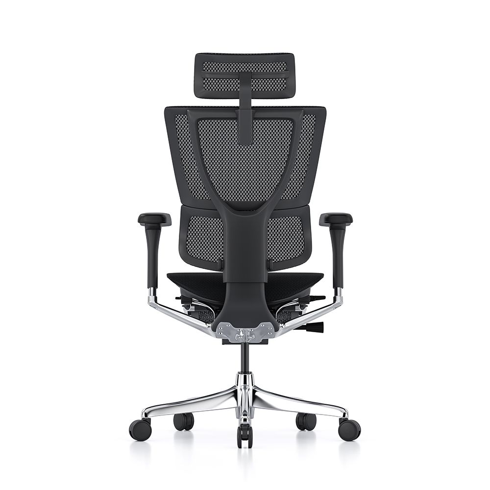 Back view - Mirus Elite G2 office chair with black frame, mesh back and seat pad with optional headrest attached.