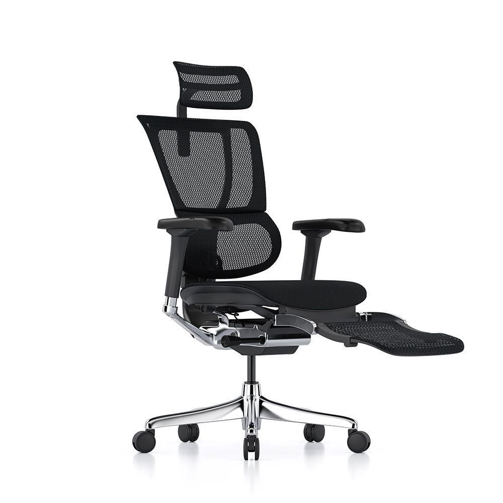 Side view of the Mirus Elite G2 mesh back chair with optional head and leg rest and dynamic lumbar system.