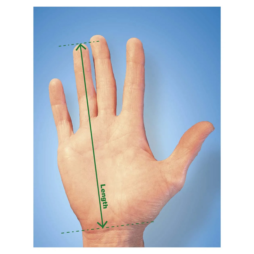 The hand length measurement of dimensions for ergonomic hand positioning when using the ergonomic Handshoe SHIFT Ambidextrous Cordless Mouse.