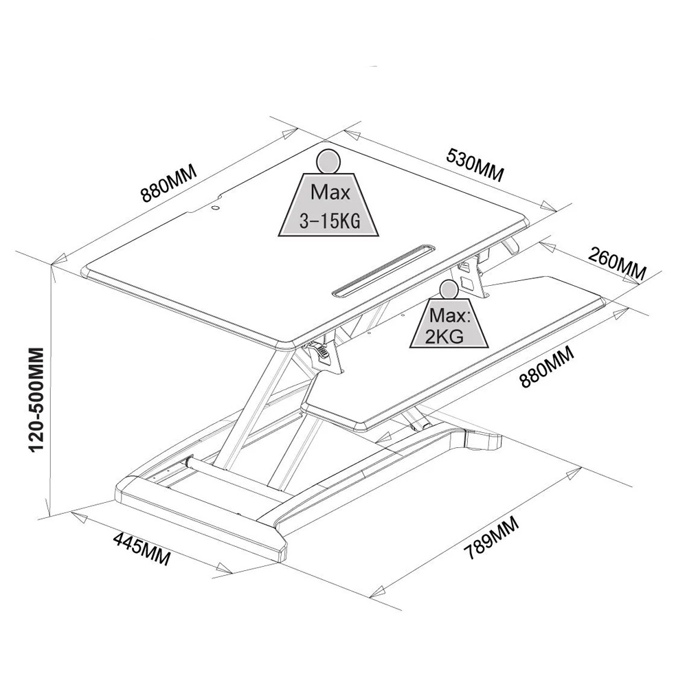 Image illustrating dimensions of the L-E_Vate Pro Standing Desk solution that easily converts a standard desk into a height adjustable desk.