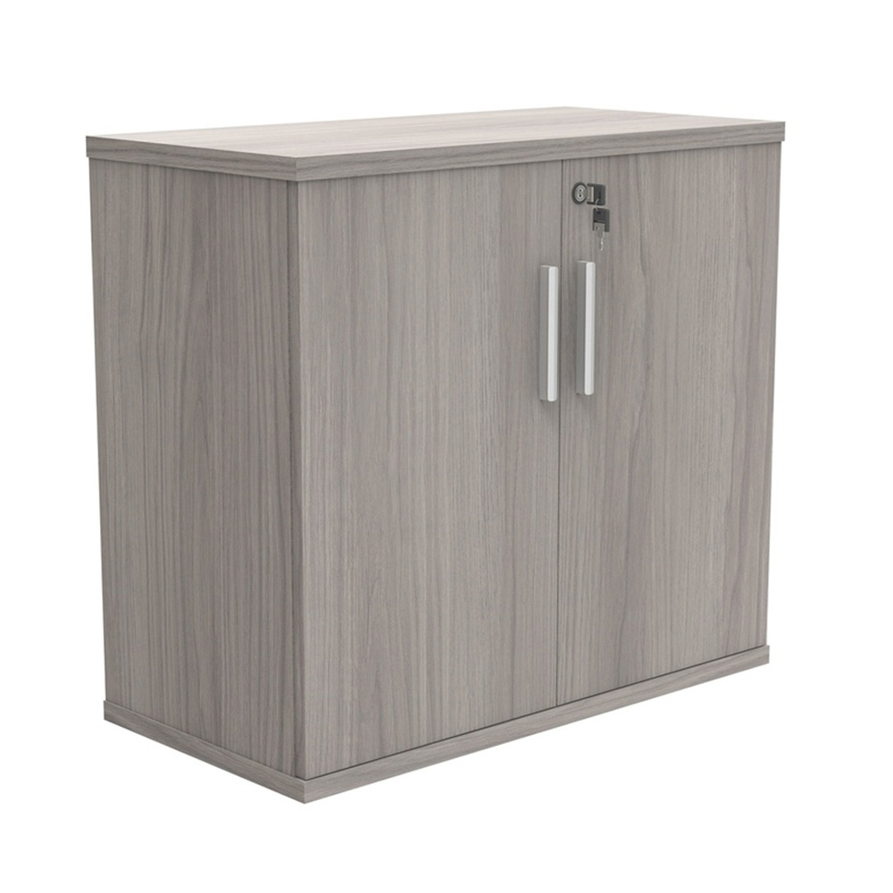 Low cupboard - 730high. Double doors, lockable, silver handles and finished in Alaskan Grey Oak MFC.