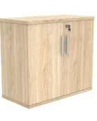 Low cupboard - 730high. Double doors, lockable, silver handles and finished in Canadian Oak MFC.