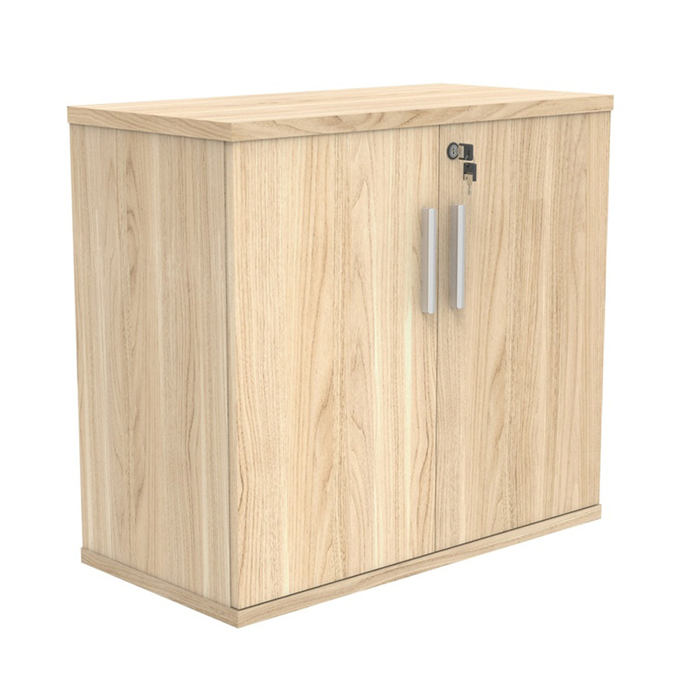 Low cupboard - 730high. Double doors, lockable, silver handles and finished in Canadian Oak MFC.