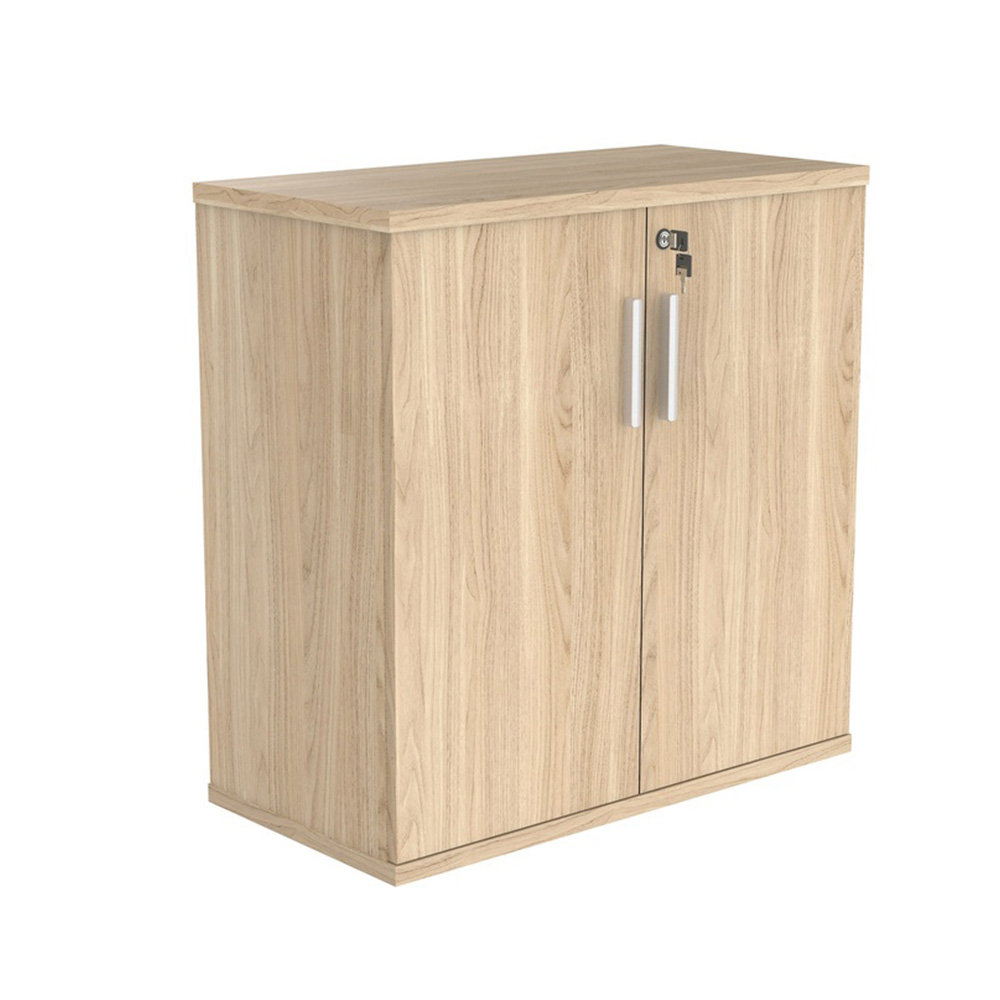 2 door storage cupboard. Canadian oak wood finish. Shown with lock, 2 keys and silver handles.