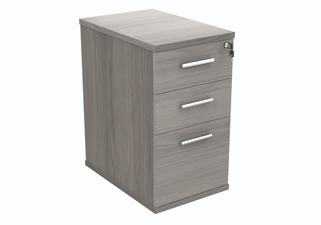 Desk High Pedestal D600, lockable top drawer. Finished in Alaskan Grey with Silver handles.