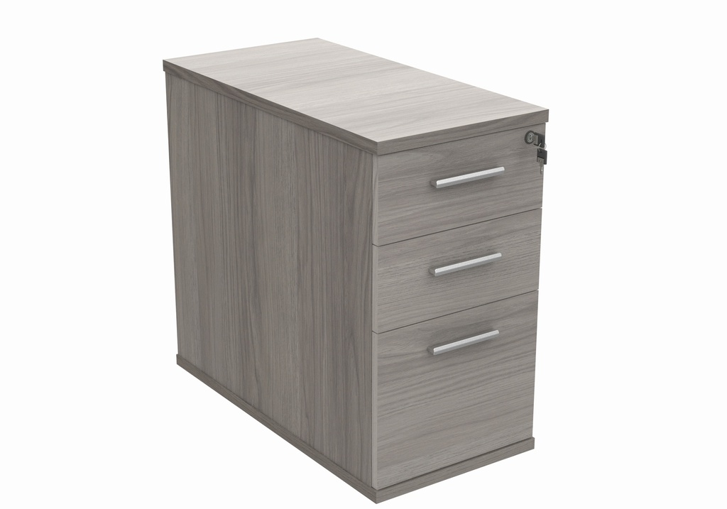 Desk High Pedestal D800 finished in Alaskan Grey Oak with silver handles.