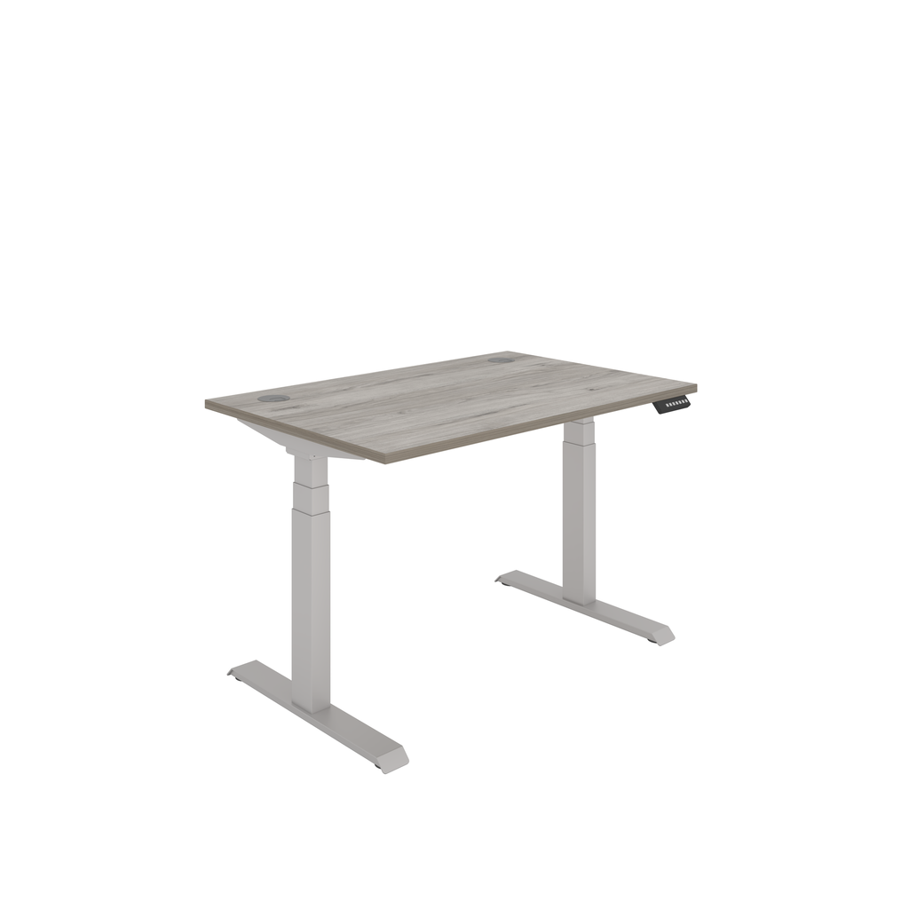 Dual Motor Sit Stand Desk - Grey top & silver frame. Digital display control panel.