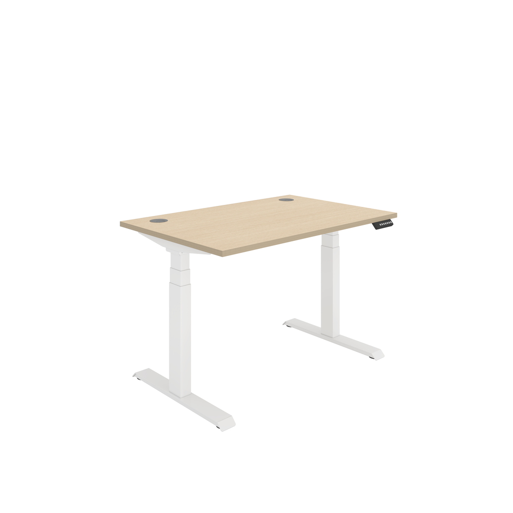 Oak top, dual motor sit stand desk - 1200x800, white frame.