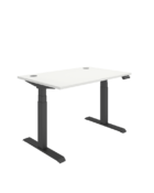 White height adjustable desk with black frame. Dual motor Sit Stand MFC top desk, White top, black frame.