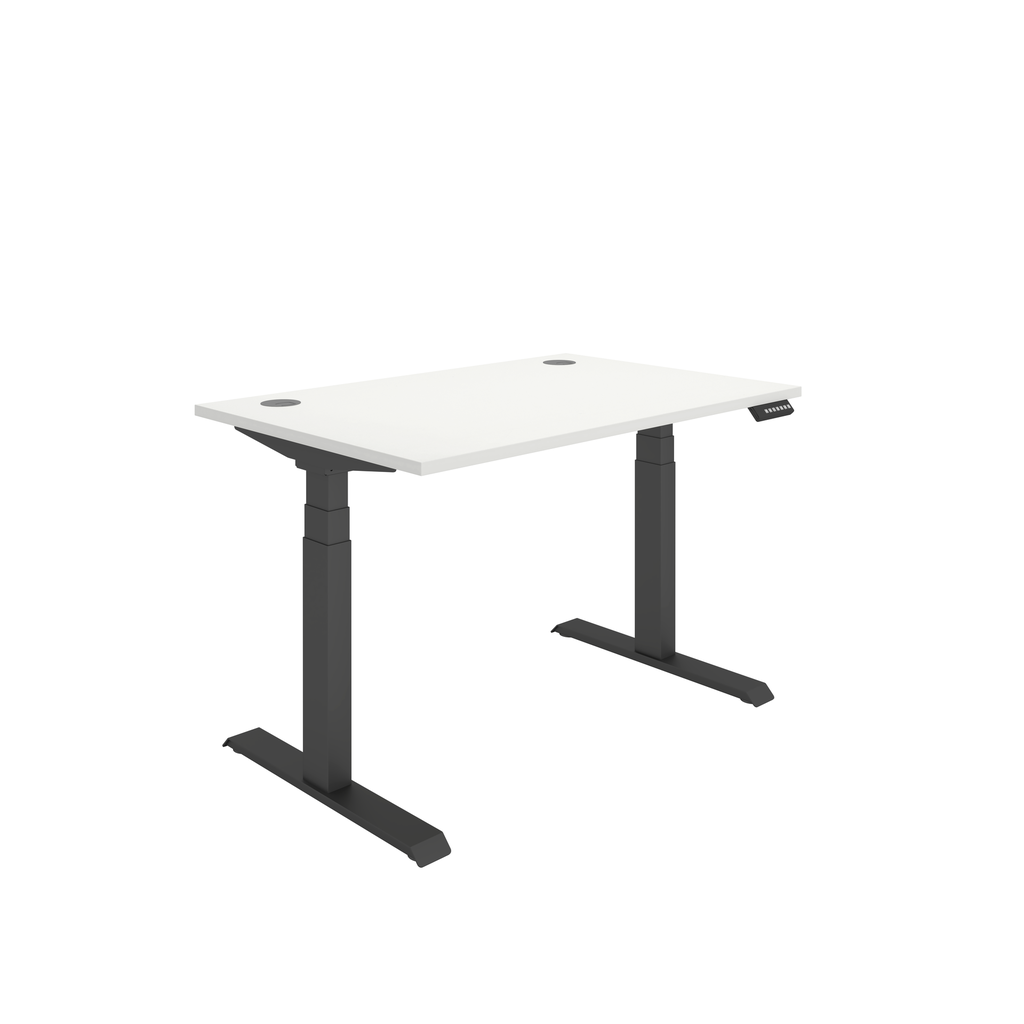 White height adjustable desk with black frame. Dual motor Sit Stand MFC top desk, White top, black frame.