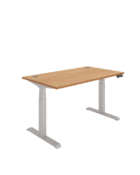 Dual Motor Sit Stand Desk -height adjustable workstation with cable ports and digital control panel. Beech top with silver frame.