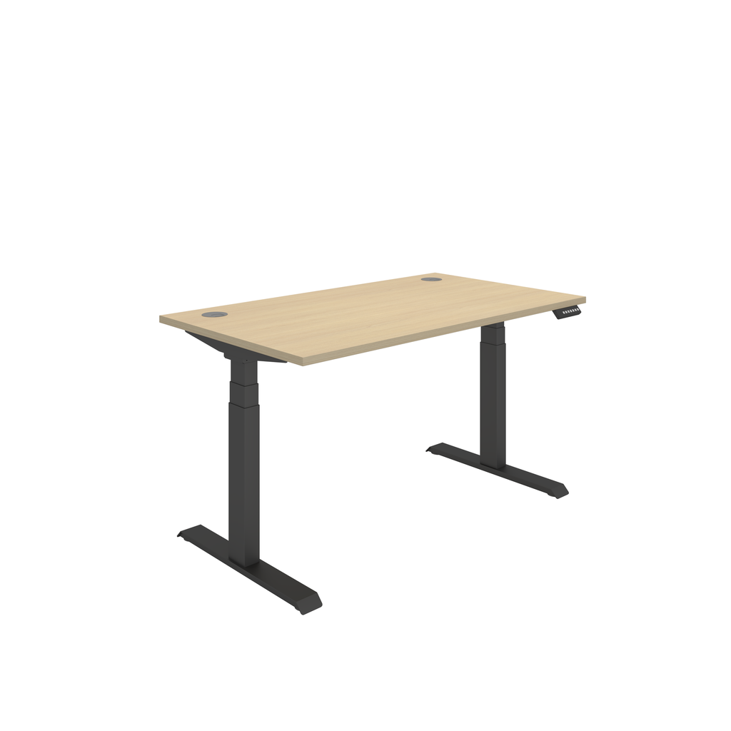 Height adjustable desk showcasing ergonomic sit-stand flexibility and improved posture. Dual Motor Sit Stand Desk with oak top and black frame.