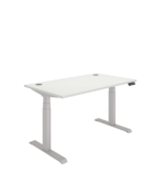 Dual motor sit-stand desk that supports heavy monitors and multiple devices. White top with silver frame.