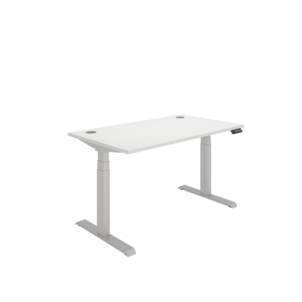 Dual motor sit-stand desk that supports heavy monitors and multiple devices. White top with silver frame.