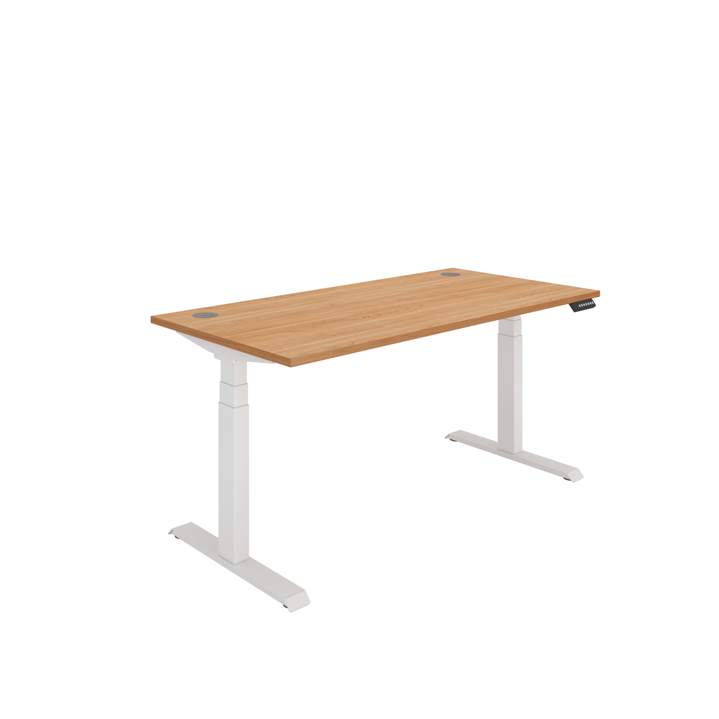 Dual Motor Sit Stand Desk - Scratch-resistant MFC desk top with cable management ports. Beech tops with white frame.
