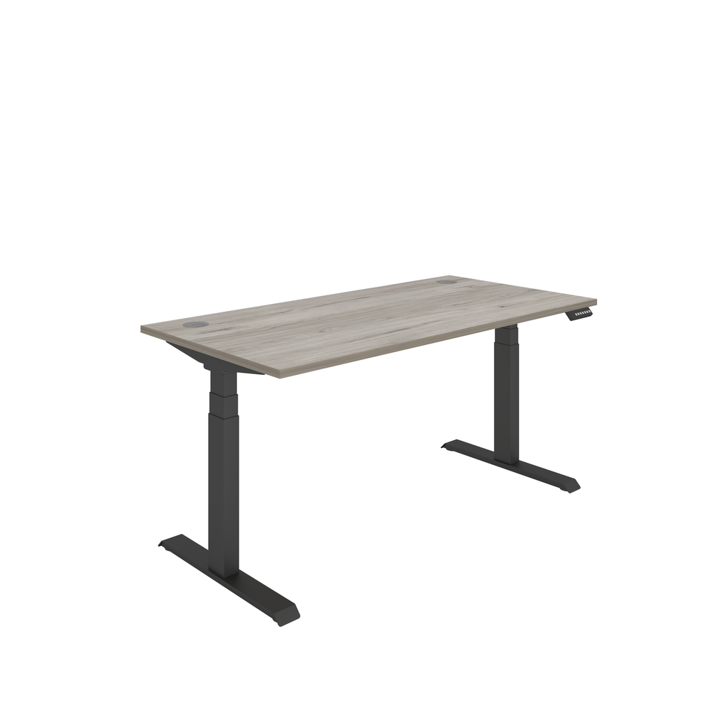 Dual motor sit stand desk - Electric height-adjustable desk with digital control panel for easy sit-stand adjustment. Grey top with black frames.