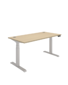 Dual motor sit-stand desk suitable for a modern office setup with ergonomic design. Oak top with Silver Frame.