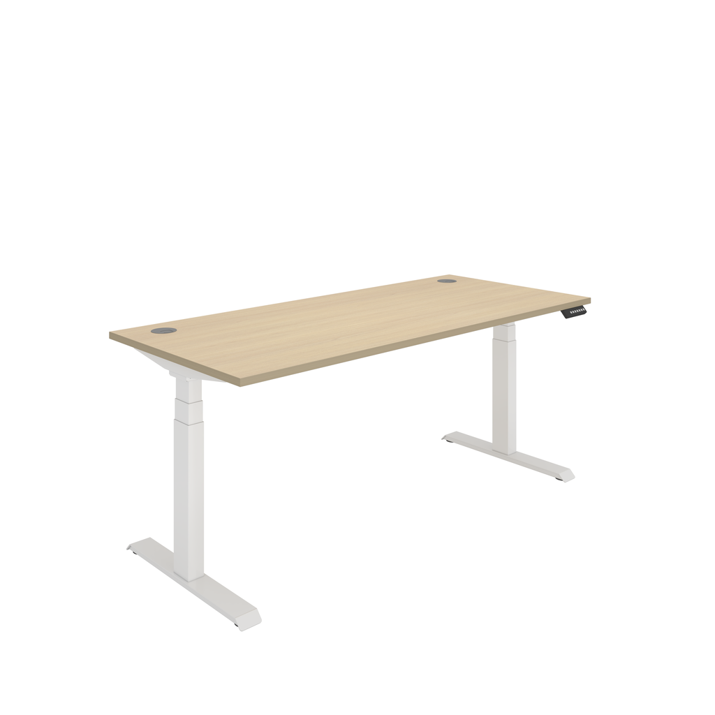 Dual Sit Stand Desk - height adjustable desk with an Oak top and white frame, Electricity powered.