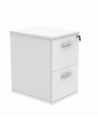 White, wooden 2 drawer filing cabinet with lock.