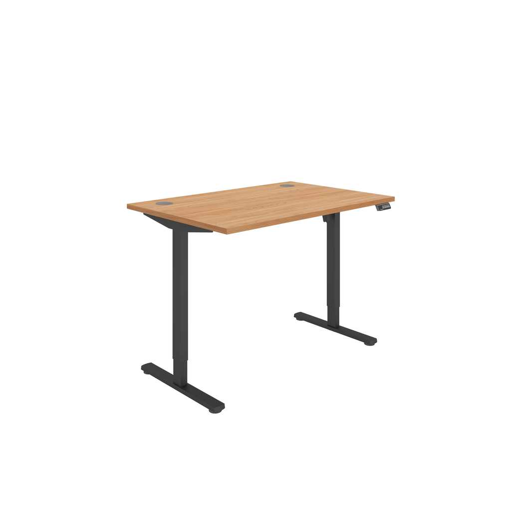 Beech top and Black frame height adjustable, single sit stand desk.