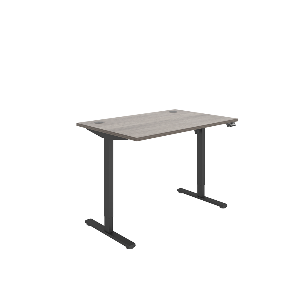 Grey oak and black frame, single motor sit stand desk.