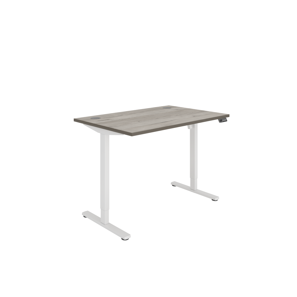 Easy to use, single motor sit stand desk - great for better posture and improved circulation. Grey oak top with white frame.