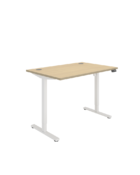 Single Motor Sit Stand Desk - ergonomic workstation with electric powered control panel with oak top and white frame.