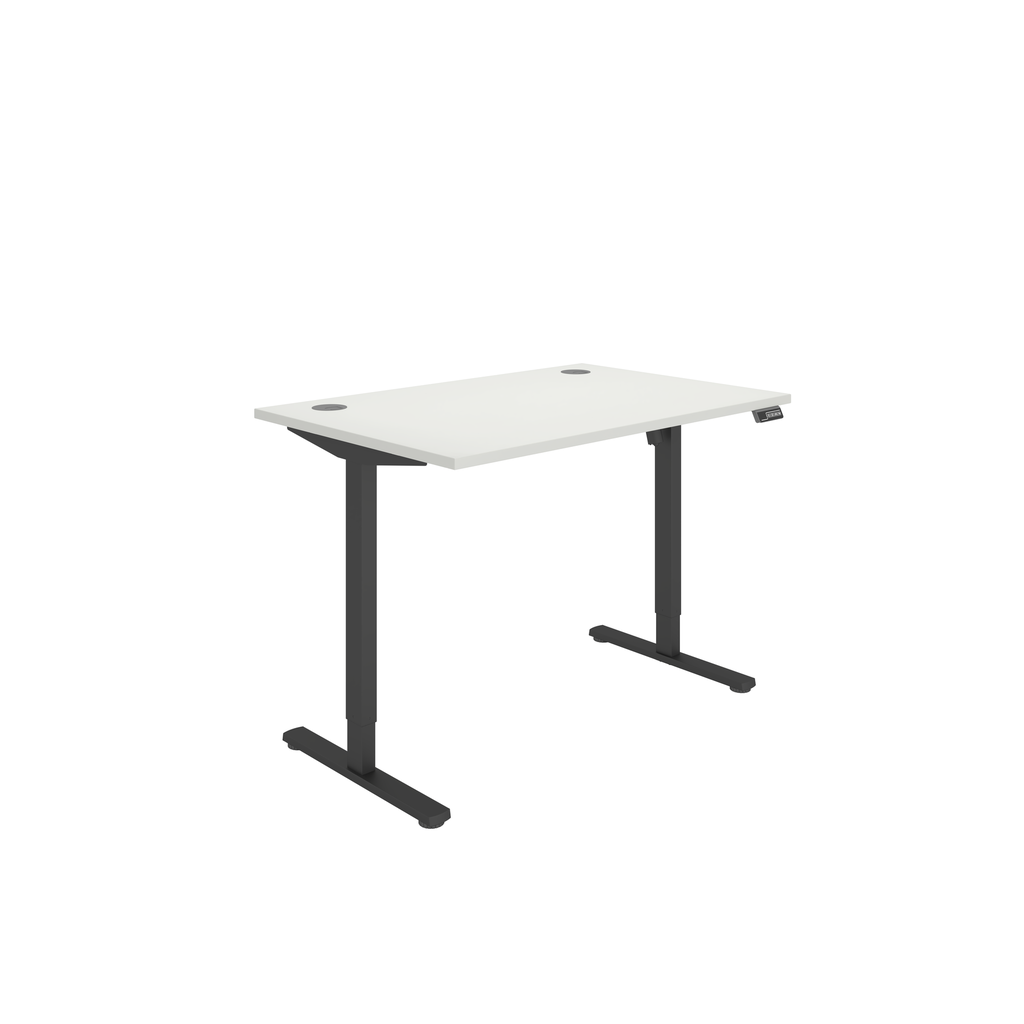 Single Motor Sit Stand Desk - white top with black frame.