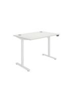 Single motor, height adjustable sit-stand desk with white top and white frame.