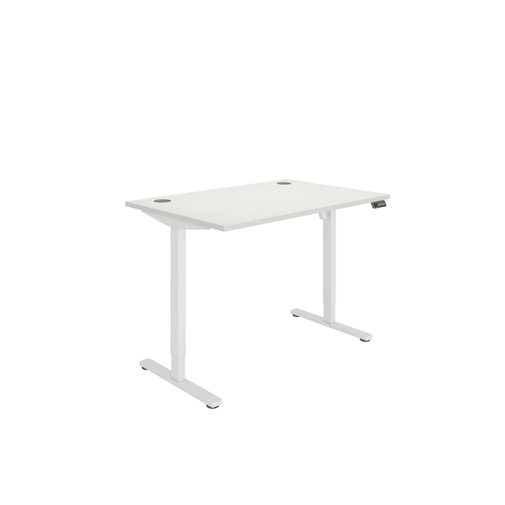 Single motor, height adjustable sit-stand desk with white top and white frame.