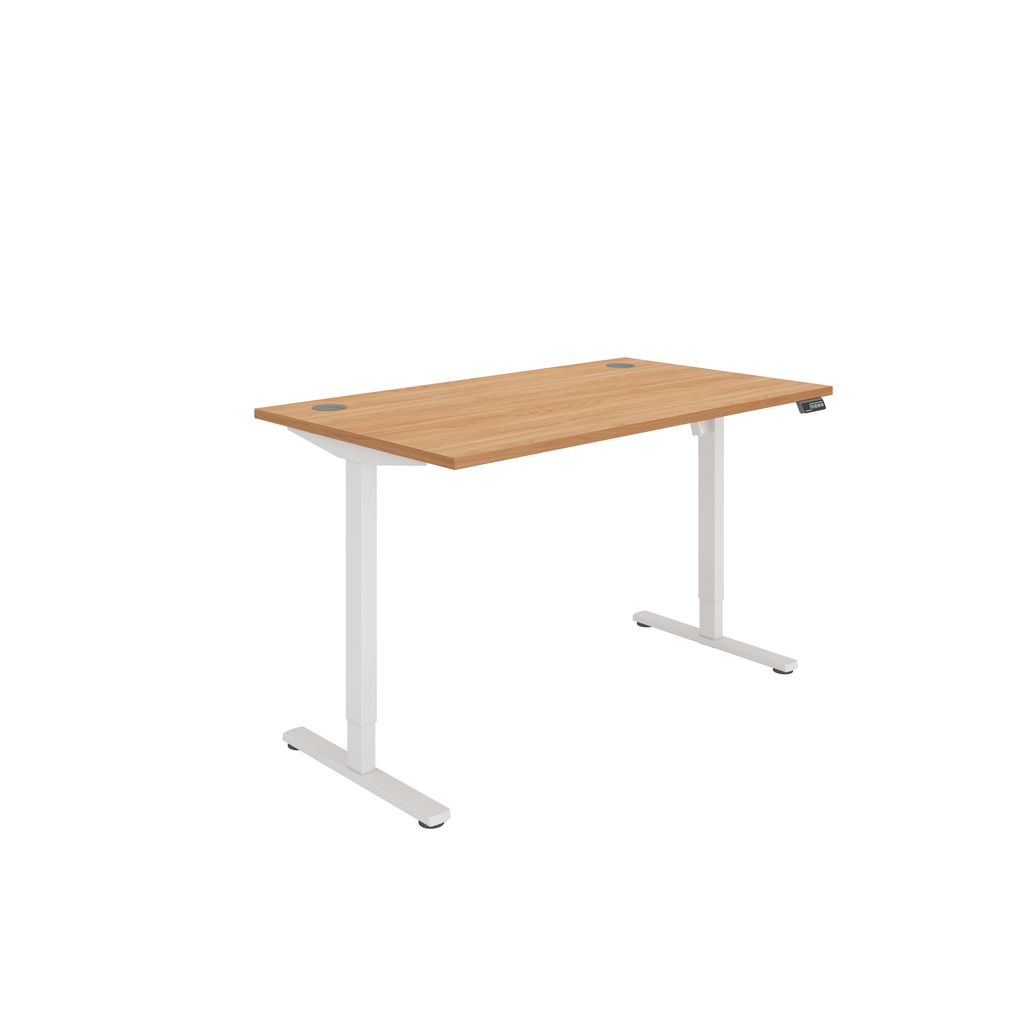 Electric height-adjustable desk - single motor and easy to use control panel. Beech top with white frame.